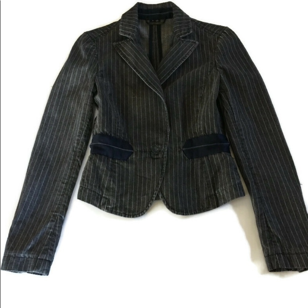 Theory Gray Cream Pinstripe Jean Jacket